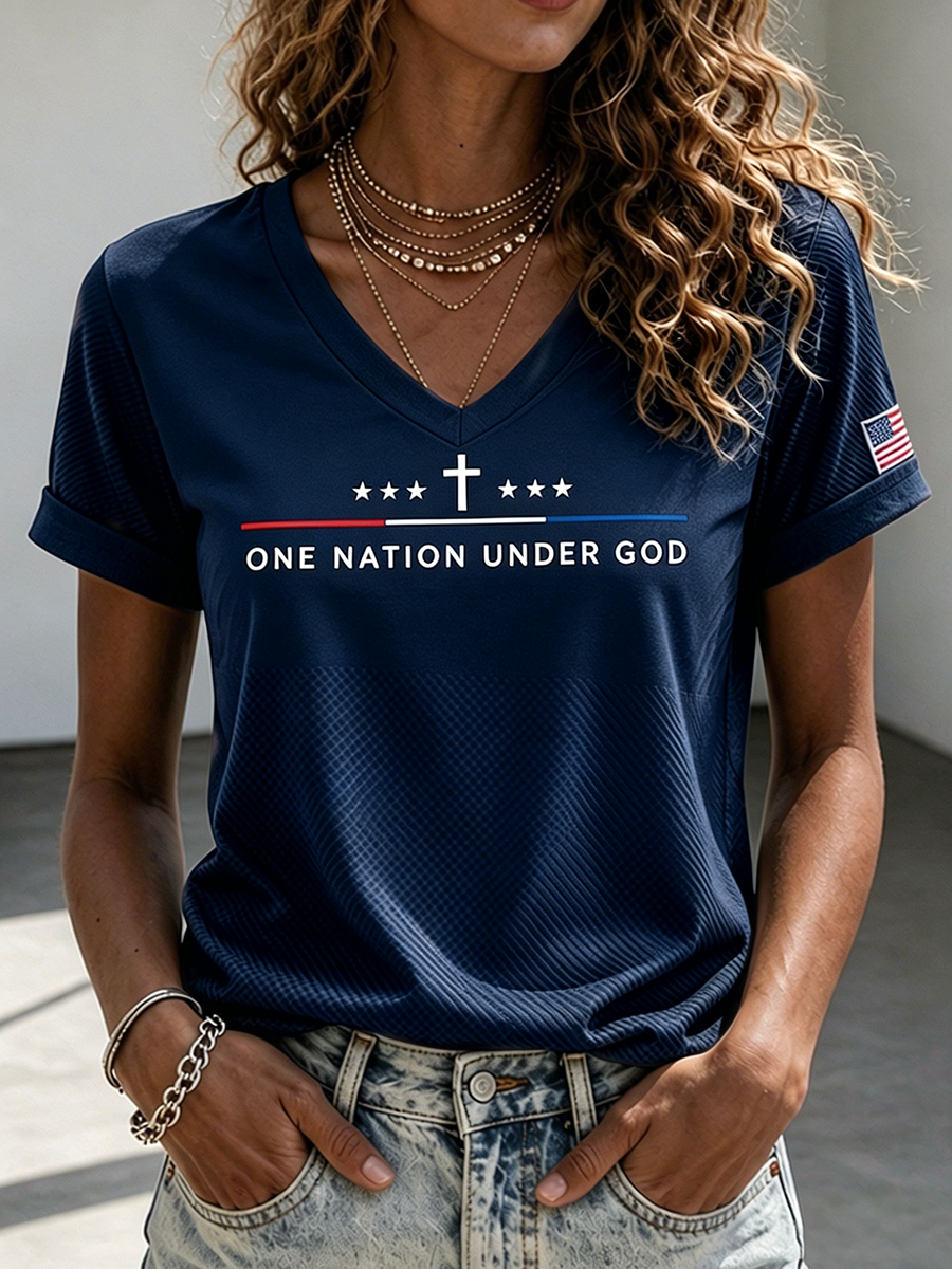 Women's One Nation Under God Cross Star American Flag Patch V-Neck Short Sleeve Casual Tee