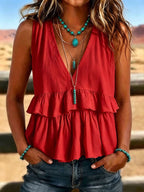 Women's Vintage V-Neck Ruched Patchwork Casual Shirt