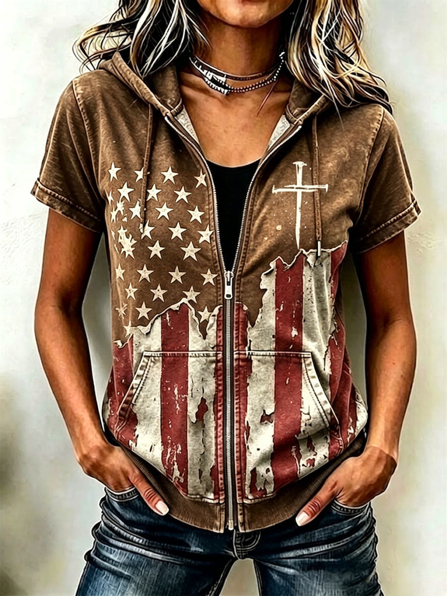 Women'S Casual Flag Faith Summer Short Sleeved Hooded Top