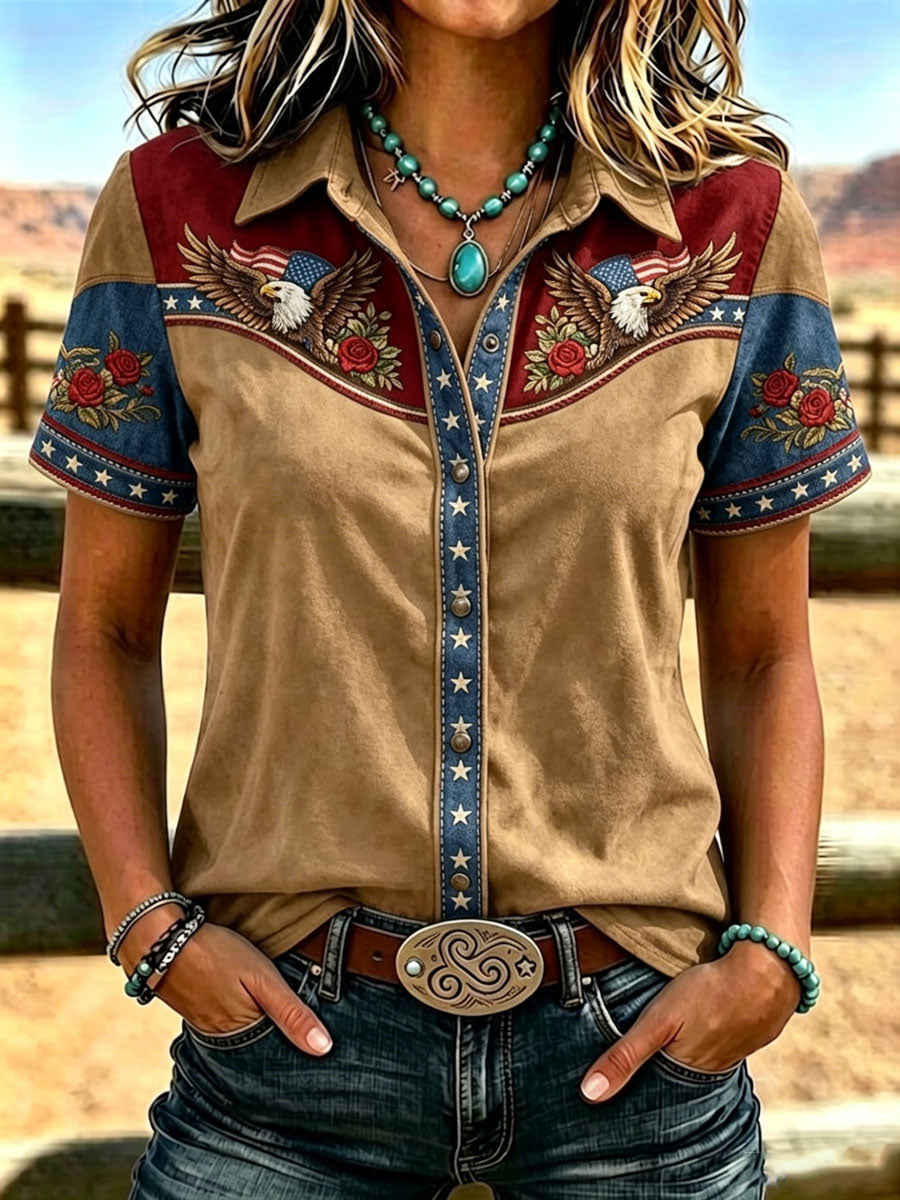 Women'S Retro Western Style Printed Short Sleeved Shirt