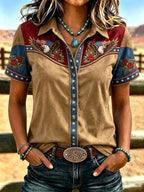 Women'S Retro Western Style Printed Short Sleeved Shirt