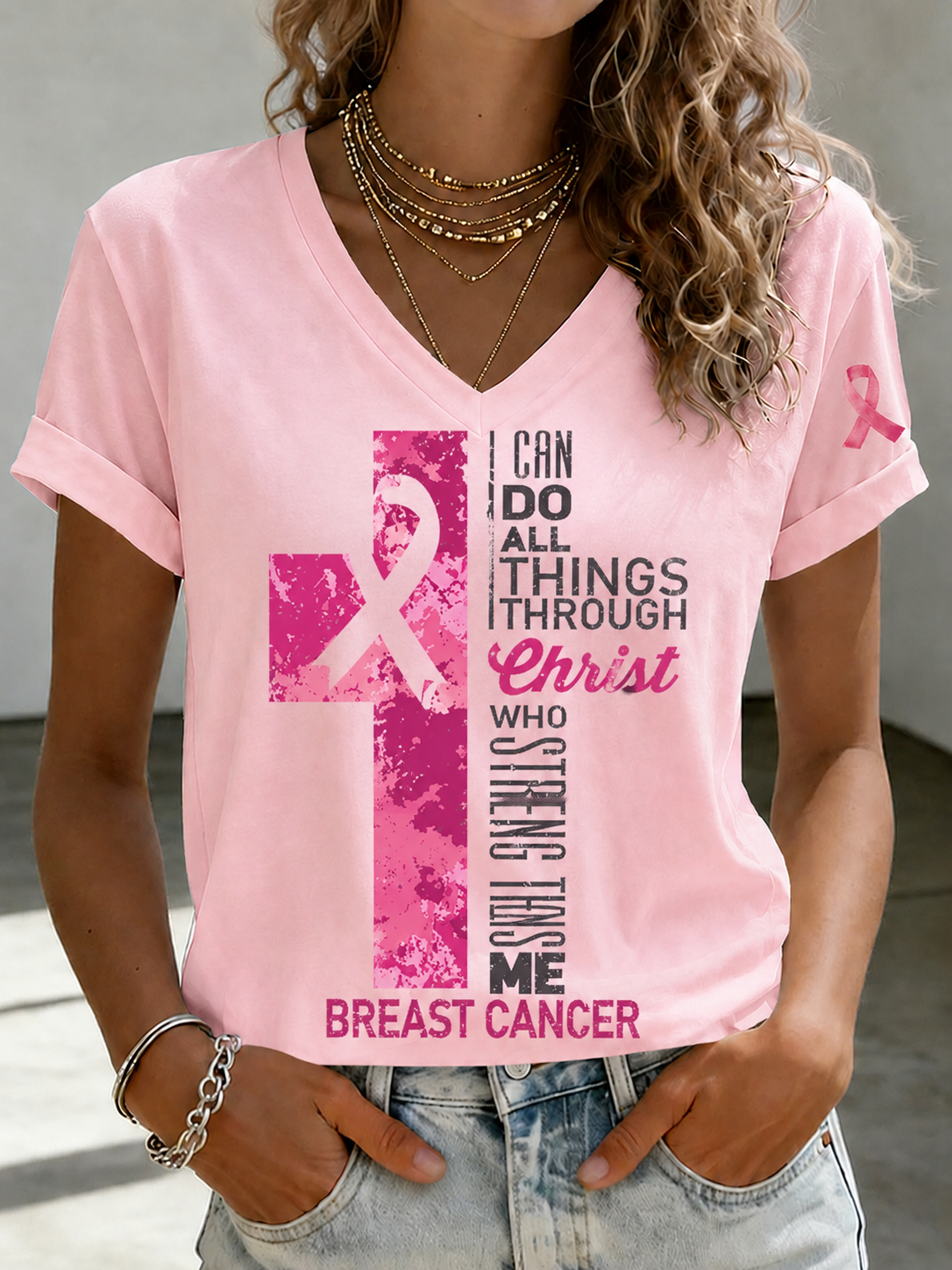 Women'S Faith And Breast Cancer Promotion Printed Short Sleeved T-Shirt