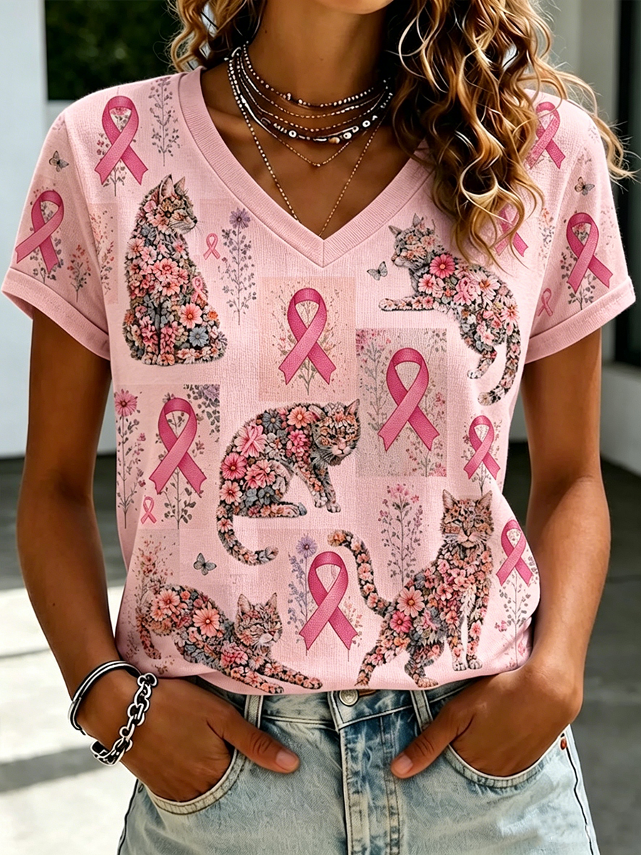 Women'S Casual Floral Cat Printed T-Shirt