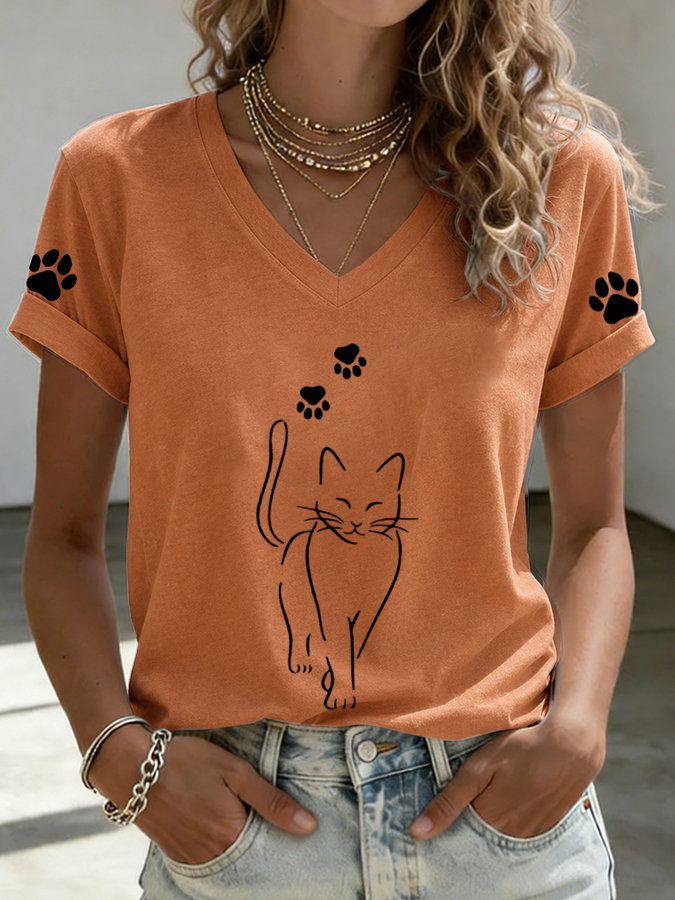 Women'S Cat Print Printed T-Shirt