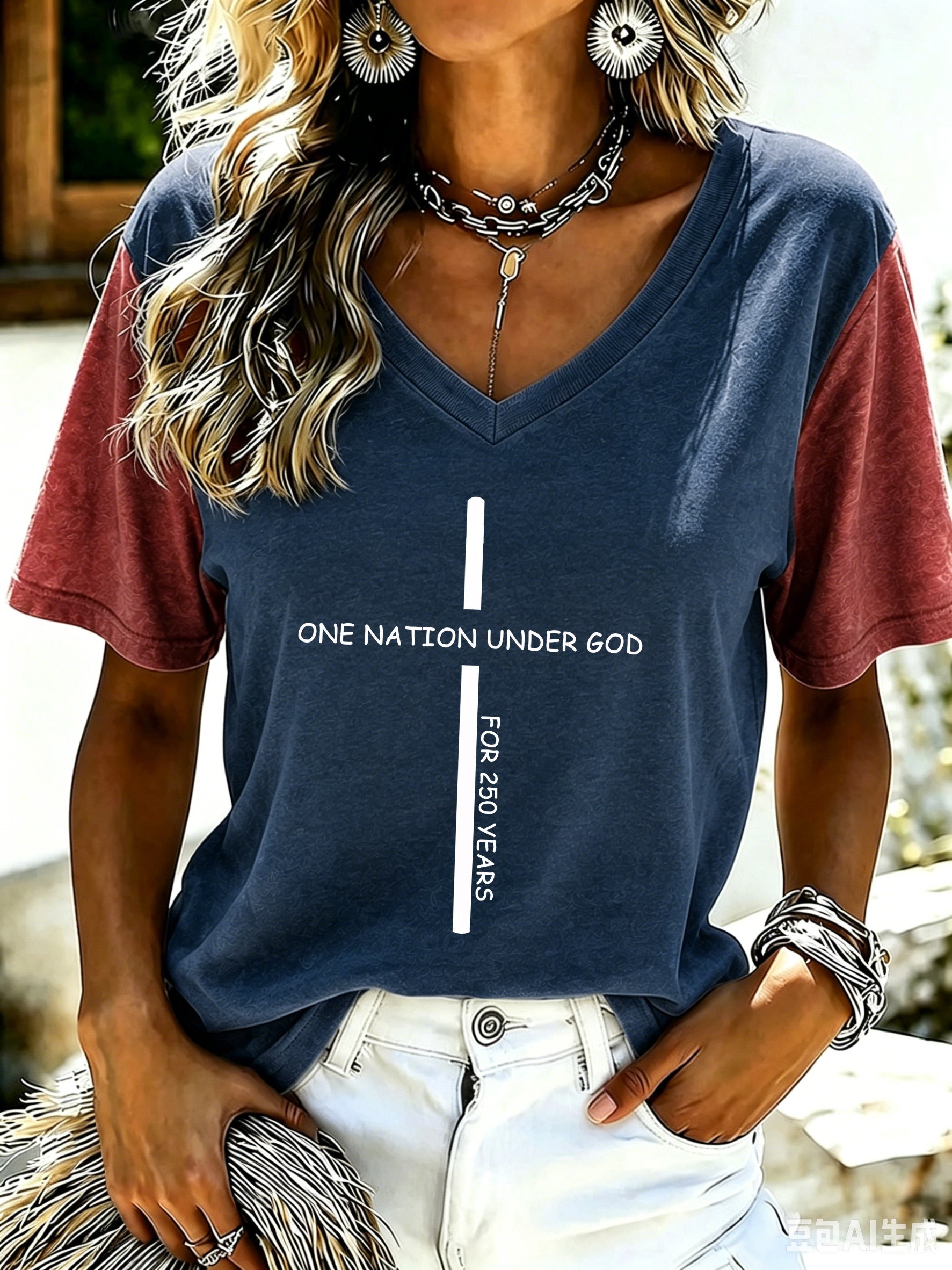 Women'S America Flag Print Casual V-Neck T-Shirt