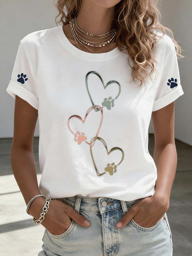 Women's Fun Cute Cat Claw Print Round Neck T-shirt