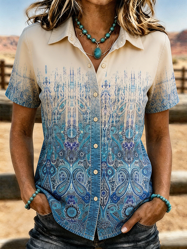 Women's Ombre Paisley Short Sleeve Western Button Down Shirt