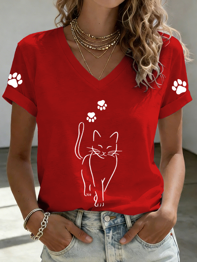 Women'S Cat Print Printed T-Shirt