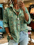 Women'S Vintage Floral Print Metal Button Shirt