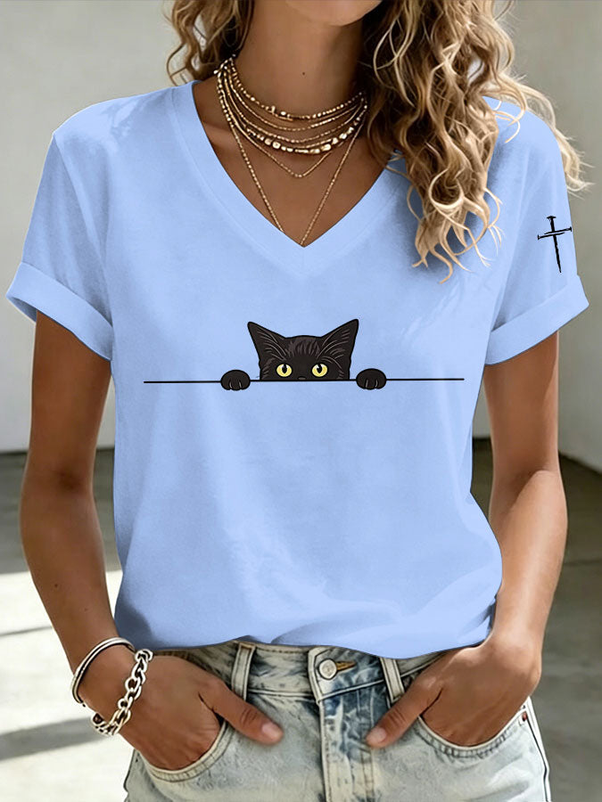 Women'S Cat Printed V-Neck T-Shirt