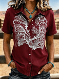 Women's Ombre White Paisley Embroidery Short Sleeve Shirt