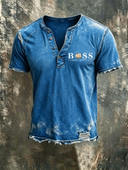 Men'S Casual Logo Cotton And Linen Henry Short Sleeved Shirt