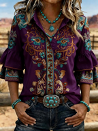 Women's Western Floral Embroidered Denim Bell Sleeve Shirt