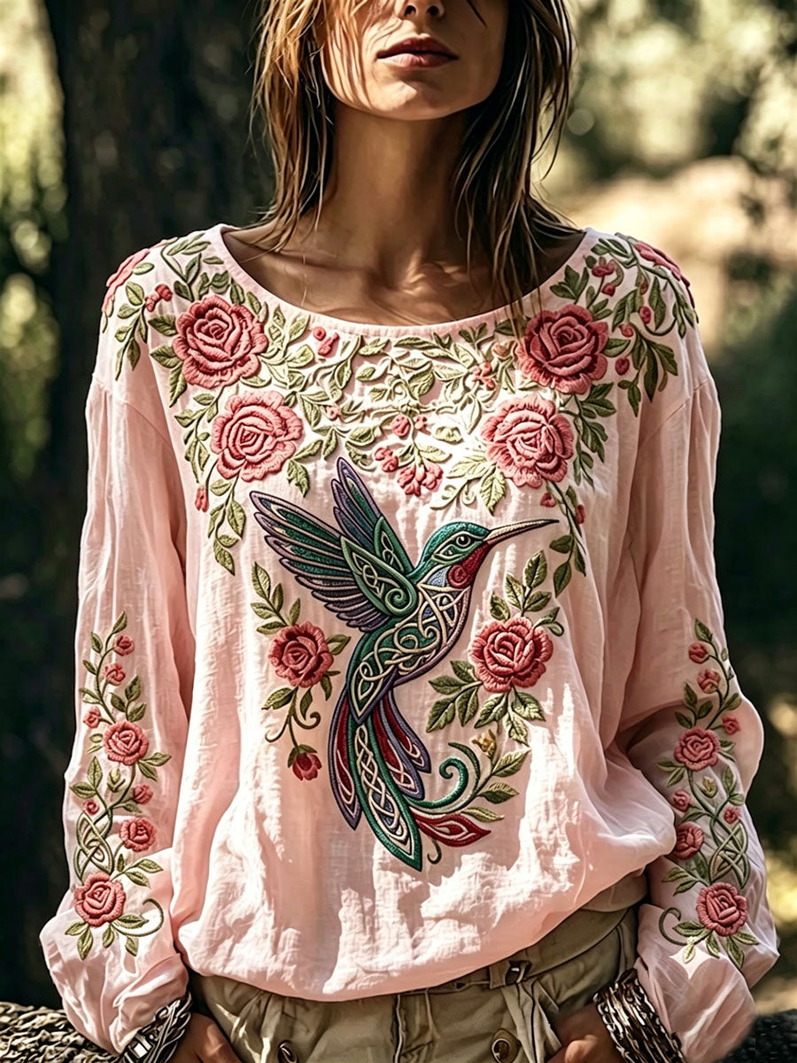 Women's Hummingbird Floral Cotton Linen Top