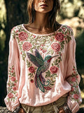 Women's Hummingbird Floral Cotton Linen Top