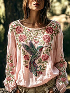 Women's Hummingbird Floral Cotton Linen Top