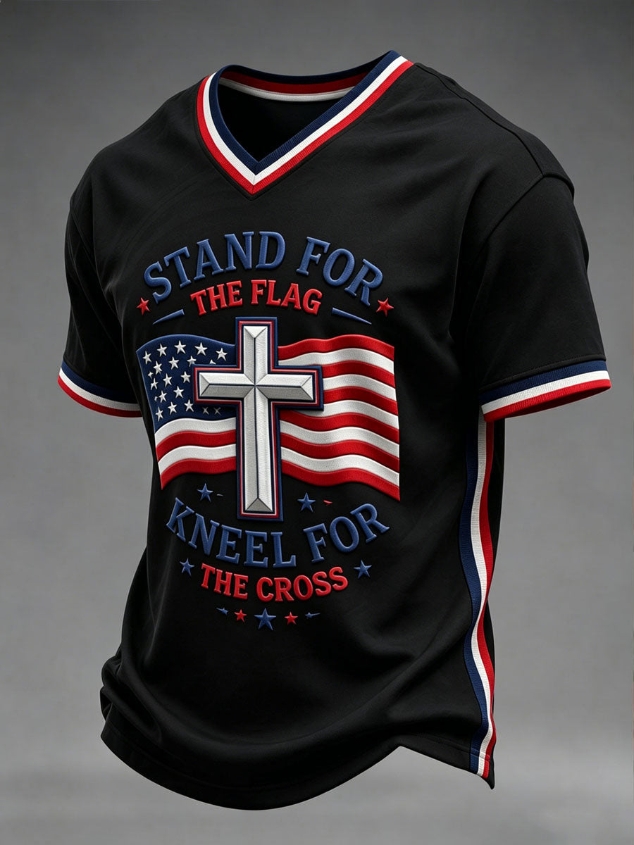 Men's STAND FOR THE Flag KNEEL FOR THE Cross V-neck T-shirt