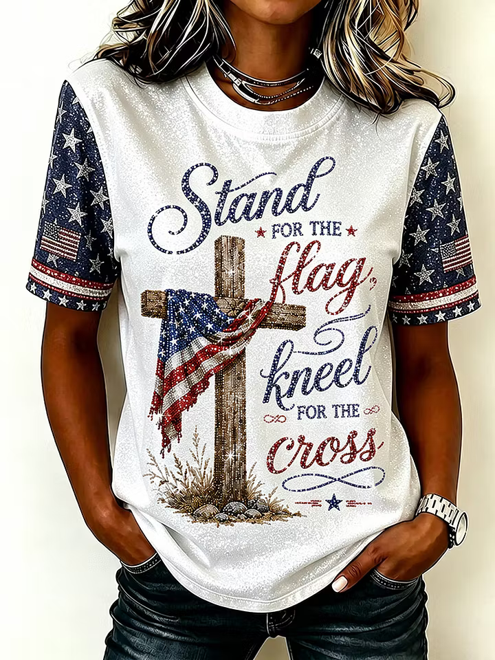 American Faith Flag Glitter Print Round Neck Top