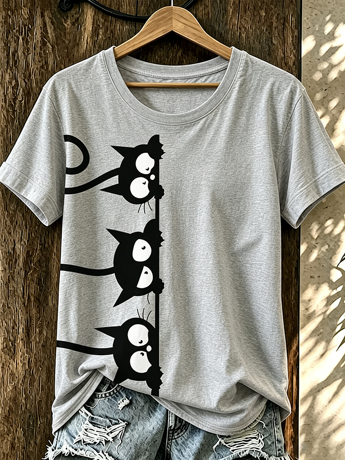 Women'S Fun Three Little Cat Printed Casual Round Neck T-Shirt