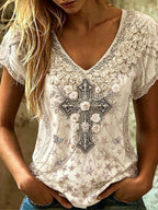 Women's Vintage Cotton-Linen Top with Cross Pattern