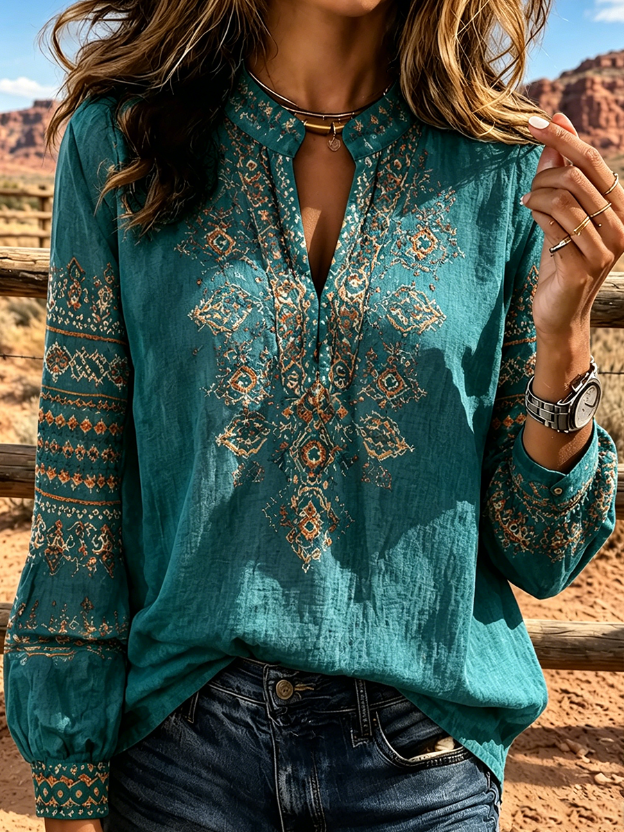 Women'S Western Retro Style Printed Casual Top