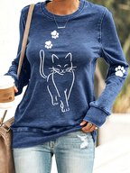 Women'S Fun Simple Drawn Cat Round Neck Long Sleeved Casual Sportswear