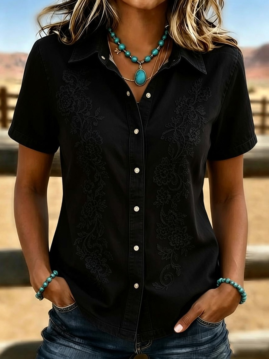 Women'S Retro Western-Style Print Short-Sleeved Shirt