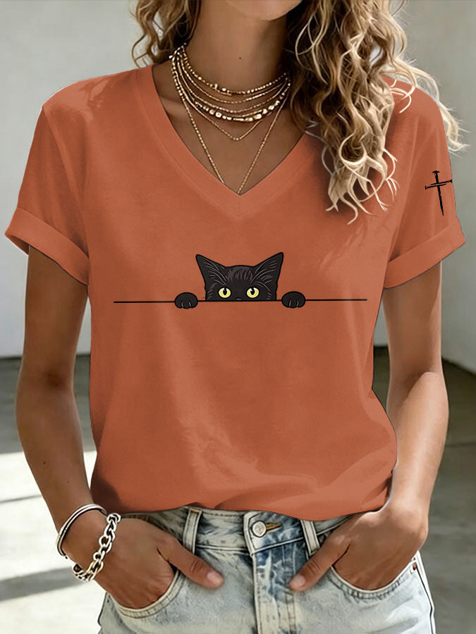 Women'S Cat Printed V-Neck T-Shirt