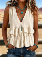 Women's Vintage V-Neck Ruched Patchwork Casual Shirt