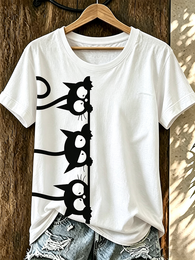 Women'S Fun Three Little Cat Printed Casual Round Neck T-Shirt