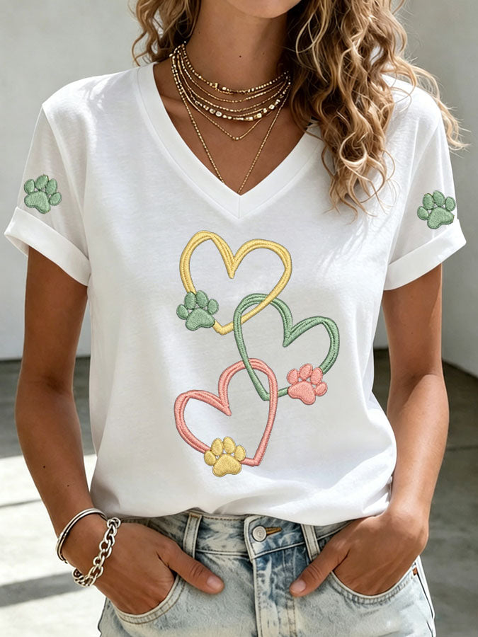 Women'S Paw Heart Print V-Neck T-Shirt
