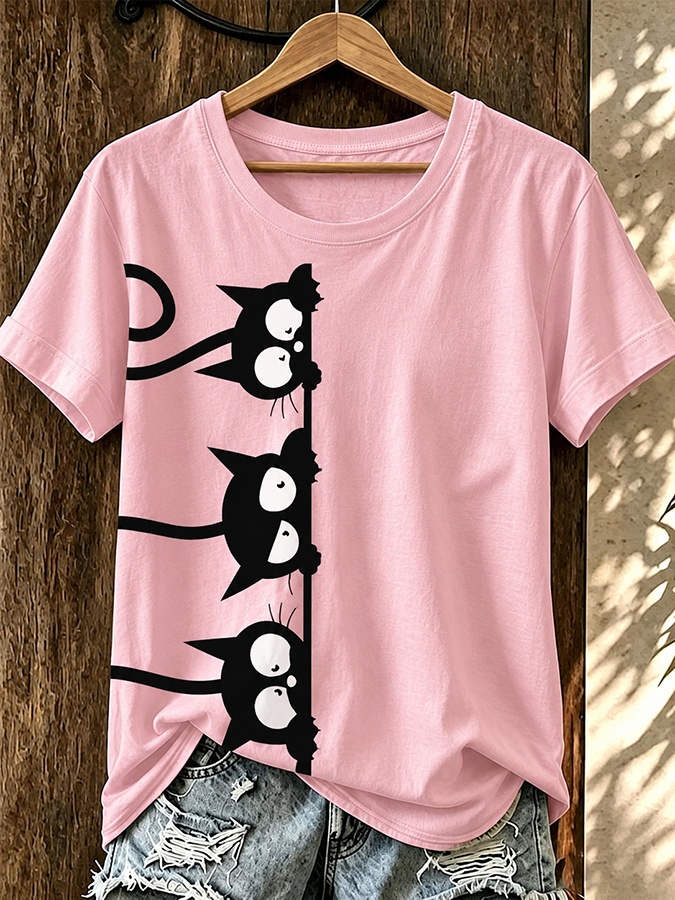 Women'S Fun Three Little Cat Printed Casual Round Neck T-Shirt