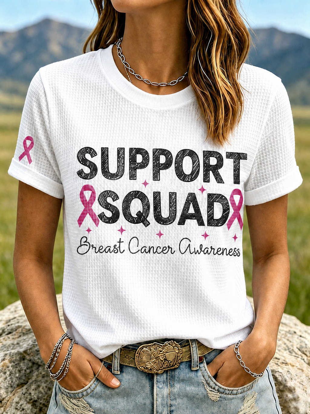 Women'S Support Squad Breast Cancer Awareness Waffle Short Sleeve T-Shirt
