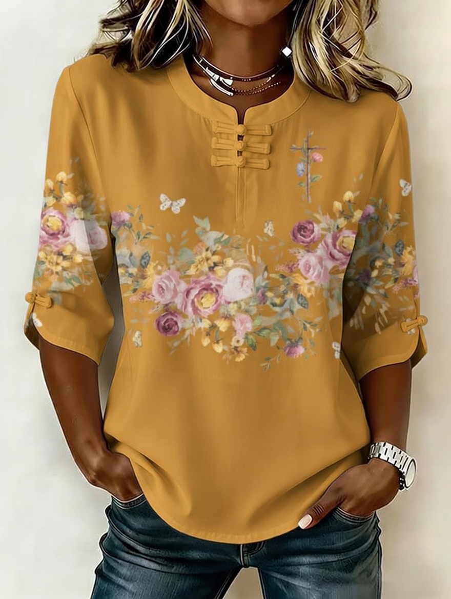 Women'S Retro Faith Flower Art Cotton And Hemp Printing Design Casual T-Shirt