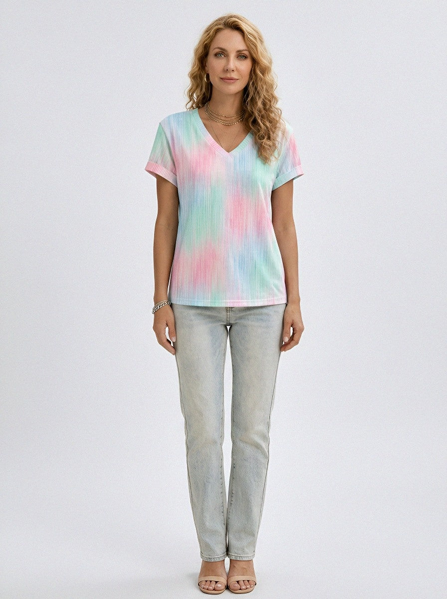Women's Breast Cancer Awareness Vertical Tie-Dye Printed V-Neck T-Shirt