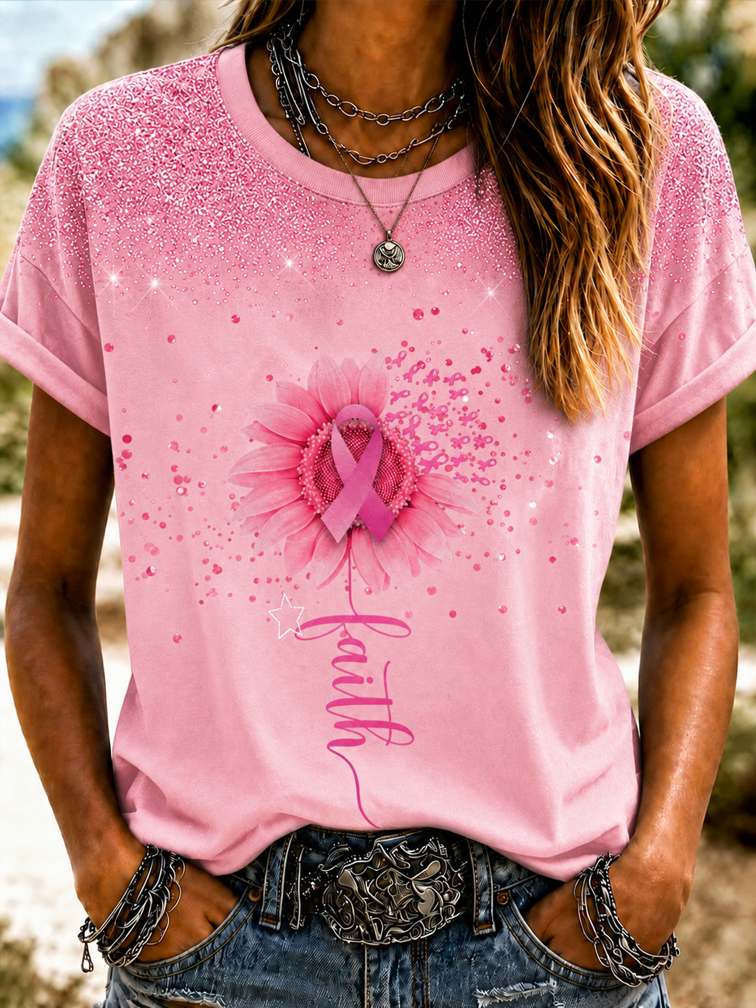 Women'S Breast Cancer Awareness Printing Short Sleeved T-Shirt