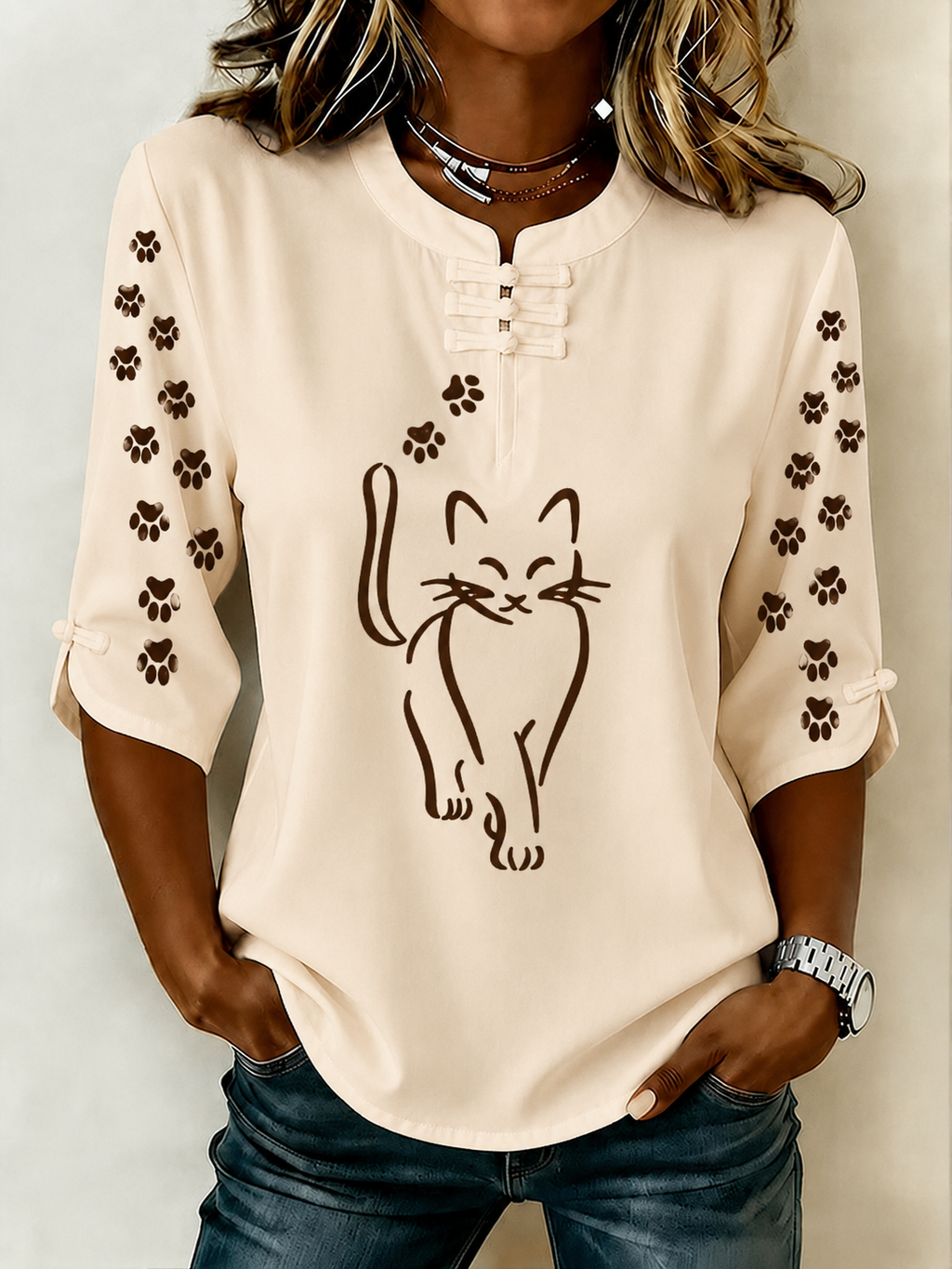 Women'S Elegant Cat Casual Button Top