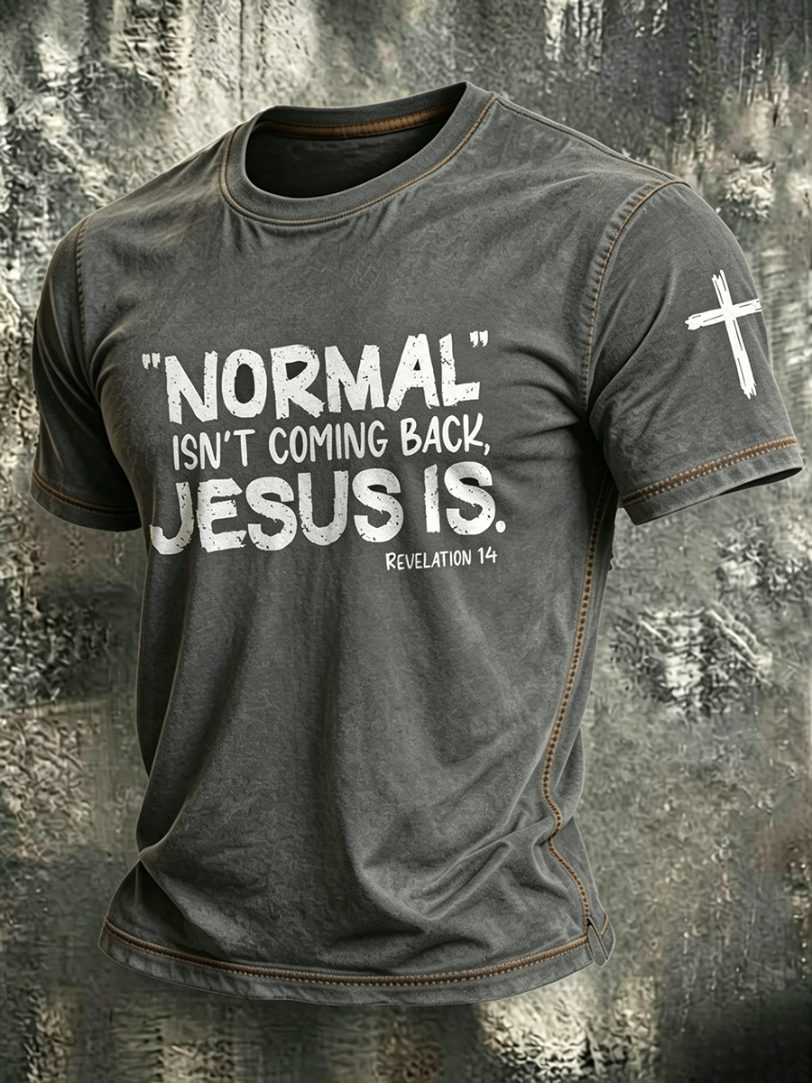 Religious Belief Cross Washed Retro Printed Round Neck T-Shirt