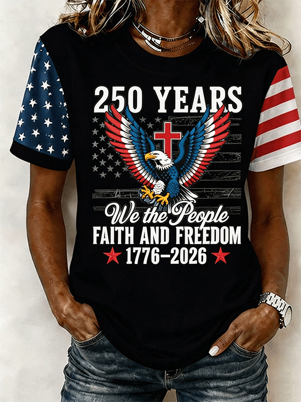 Women's 250 Years We The People Faith Freedom Eagle Cross Star Stripe Color Block Short Sleeve Casual T-Shirt