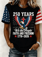 Women's 250 Years We The People Faith Freedom Eagle Cross Star Stripe Color Block Short Sleeve Casual T-Shirt