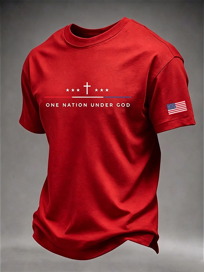 Men's One Nation Under God Cross 250 Years American Flag Sleeve Print Crew Neck Tee