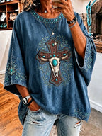 Ladies' Retro Western Style Cross Faith Loose Top