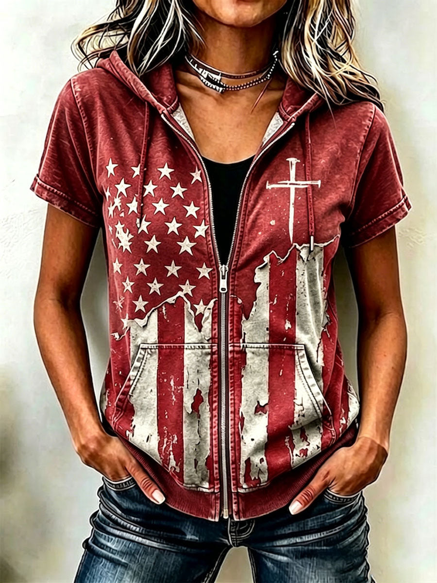 Women'S Casual Flag Faith Summer Short Sleeved Hooded Top