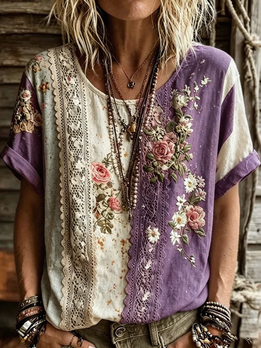 Vintage Boho Floral Print Women's Linen T-Shirt
