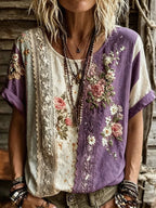 Vintage Boho Floral Print Women's Linen T-Shirt