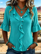 Women'S Retro Art Patchwork Ruffle Edge Shirt