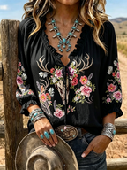 Women's Deer Skull Floral Print Ruffle V Neck 3/4 Sleeve Western Boho Blouse
