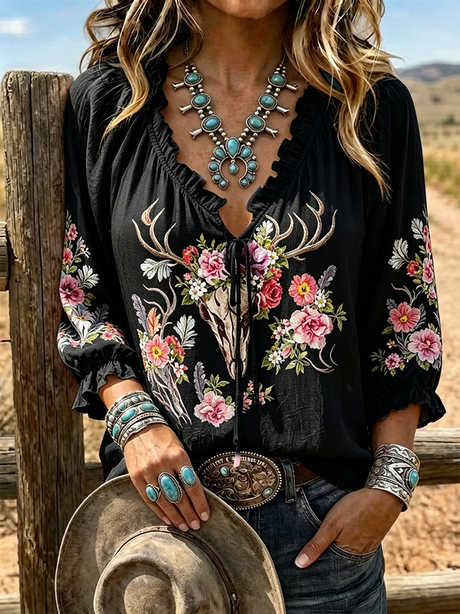 Women's Deer Skull Floral Print Ruffle V Neck 3/4 Sleeve Western Boho Blouse