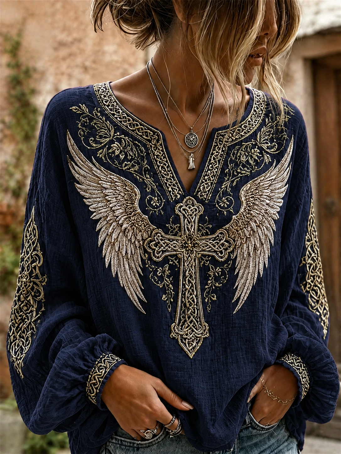 Women'S Gothic Cross Angel Wings Casual Top
