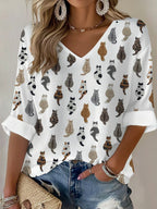Women'S Cat Printed Waffle T-Shirt